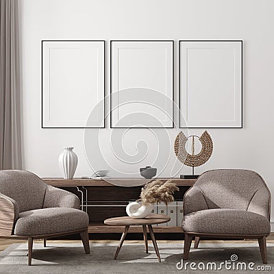 Mockup poster in modern living room interior background Stock Photo