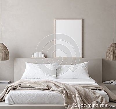 Mockup poster in Nomadic style bedroom interior Stock Photo