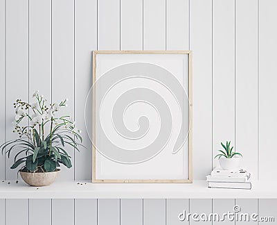 Mockup poster vertical frame close up in coastal style interior with flowers Stock Photo