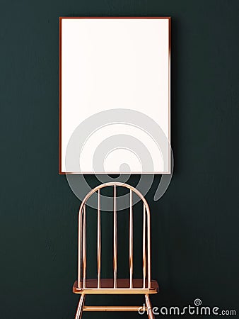Mockup posters in the interior in copper frames on dark background. 3d Stock Photo