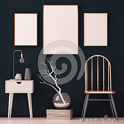 Mockup posters in the interior in copper frames on dark background. 3d Stock Photo