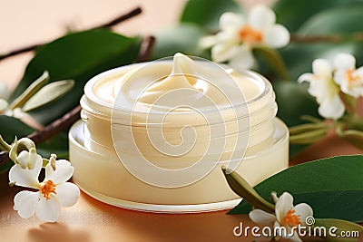 Mockup presenting a cosmetic jar and herbal flowers, capturing the beauty, skincare, and natural aspects of facial cosmetic Stock Photo