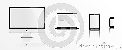 Mockup of Realistic Computer, laptop, tablet, and phone. Vector Illustration