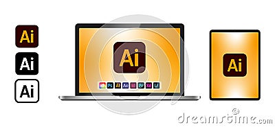 Mockup of a realistic laptop and tablet with Adobe products on the screen. Product presentation Adobe Illustrator. Vector graphics Vector Illustration