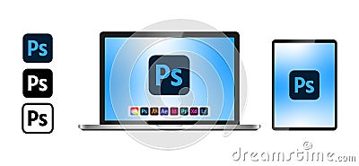 Mockup of a realistic laptop and tablet with Adobe products on the screen. Product presentation Adobe Photoshop. Vector graphics Vector Illustration