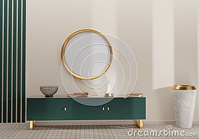 Mockup of a round painting, a poster with a gold frame on a wall in an interior with green furniture Stock Photo