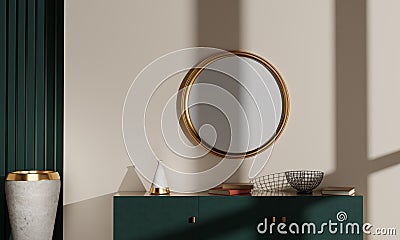 Mockup of a round painting, a poster with a gold frame on a wall in an interior with green furniture Stock Photo