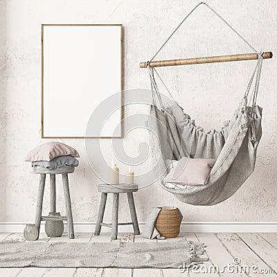 Mockup Scandinavian interior with a hanging chair. 3D rendering Stock Photo