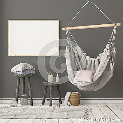 Mockup Scandinavian interior with a hanging chair. 3D rendering Stock Photo