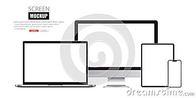 Mockup set of device. Realistic set of Monitor, laptop, tablet, smartphone. Vector Vector Illustration