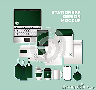 Mockup set with green branding vector design Vector Illustration