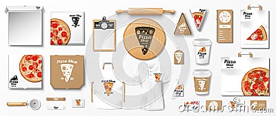 Mockup set for pizzeria, cafe or restaurant. Realistic branding set of poster, pizza slice box, uniform, cardboard Vector Illustration