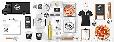 Mockup set for pizzeria, cafe or restaurant. Realistic branding set of pizzeria delivery truck, uniform, pizza box, menu Vector Illustration