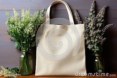 Mockup of a shopper's shopping bag made of natural fabric with a copy space Stock Photo