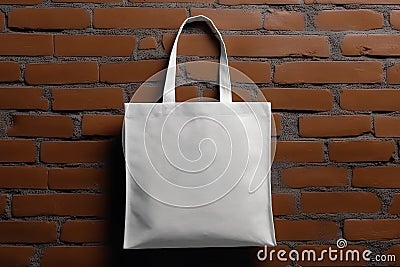 Mockup shopper tote bag handbag on isolated brick wall background. Copy space shopping eco reusable bag. Grocery accessories. Stock Photo