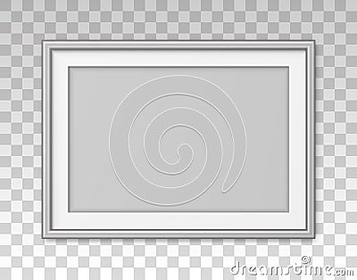 Mockup silver frame photo on wall. Mock up picture framed. Horizontal boarder with shadow. Empty photoframe isolated on transparen Stock Photo