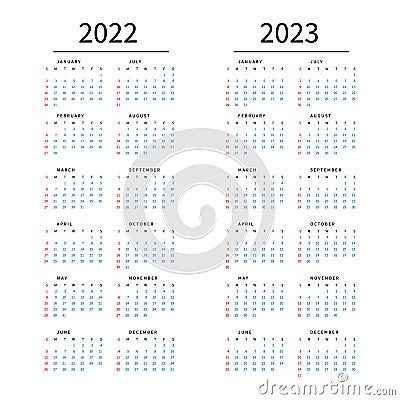 Mockup Simple calendar Layout for 2022 and 2023 year. Week starts from Sunday Vector Illustration
