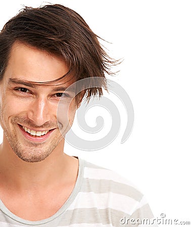 Mockup, smile and portrait of man in studio for casual, trendy and cool fashion. Happiness, edgy and confidant with face Stock Photo