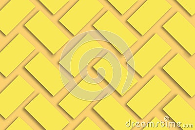 Mockup of stacks of gold business cards arranged in rows on a yellow textured paper background Stock Photo