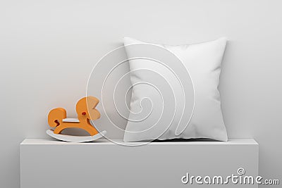 Mockup template with little toy hourse and white blank pillow Stock Photo