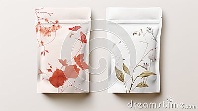 A mockup template showcasing a blank tea bag design for the process of tea bagging, ideal for loose leaf tea packaging Stock Photo