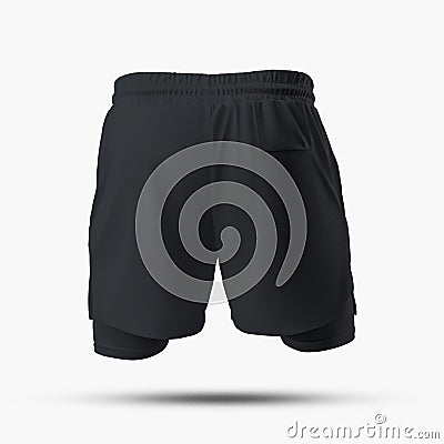 Mockup of textured black shorts 3D rendering, with compression lining, elasticated loop, isolated on background, back view Stock Photo