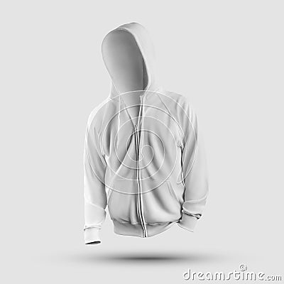 Mockup textured white hoodie with drawstring hood, zipper closure, pocket, cuffs, for presentation of design, print, front view Stock Photo