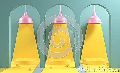 Mockup Three Stage In Yellow Hilight With Pink Lamp And Green Tunnel Background 3d Render Stock Photo