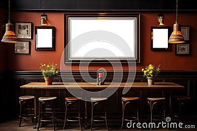 Mockup of transparent frame in warm Irish pub interior. Background Stock Photo