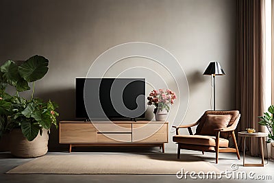 Mockup a TV wall mounted with decoration in living room Stock Photo