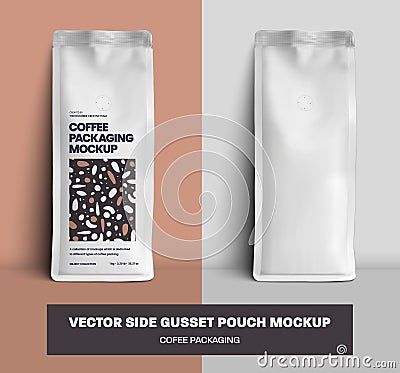 Mockup of vector coffee pouch gusset with degassing valve, white package with modern design, with place for pattern, branding Vector Illustration