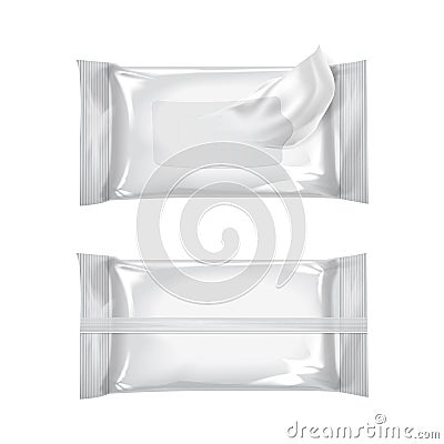 Mockup of wet wipe flow pack. Wet wipes. Realistic pack on white background. Vector template Vector Illustration