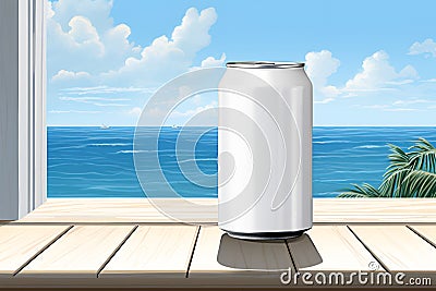 Mockup white aluminum can with refreshing drink or beer. Beautiful sea background and sky. copy space Stock Photo