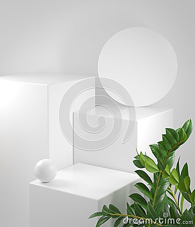 Mockup White Step Clean Podium With Tropic Plant Abstract Background 3d Render Stock Photo