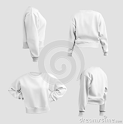 Mockup of women's white crop top sweatshirt, shirt canvas bella 3D rendering, isolated on background. Set Stock Photo