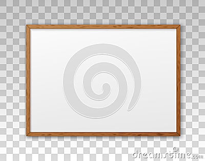 Mockup wood frame photo on wall. Mock up wooden picture framed. Horizontal boarder with shadow. Empty photoframe a4 isolated on ba Vector Illustration