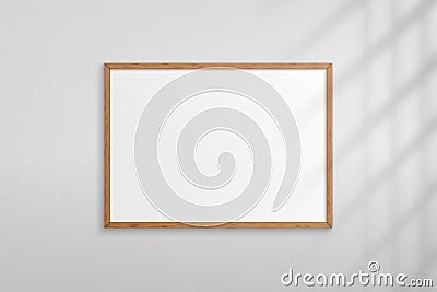 Mockup wood frame photo on wall. Mock up wooden picture framed. Vertical boarder with shadow. Empty photoframe a4 isolated on back Vector Illustration