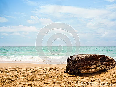 Mockup Wood on Sand Beach Sea Shore Water with Blue Sky Horizon Summer Tropical Seascape white Table Old Vintage Product Stock Photo