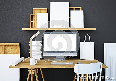 Mockup work desk with a PC. 3d Stock Photo