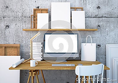 Mockup work desk with a PC. 3d Stock Photo