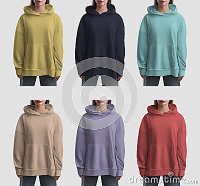 Mockup yellow, violet, dark blue, tan, nude, red, turquoise hoodie, female sweatshirt on a girl, front view Stock Photo