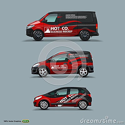 Mocup set with advertisement on Black Car, Cargo Van, and delivery Van. Vector Illustration
