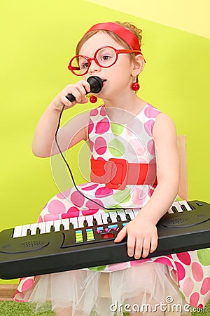 Mod girl in a bright dress and big round Stock Photo