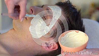 Modder gezichtsmasker van de mens in kuuroordsalon Close-up van een Young Woman Getting Spa Behandeling stock videobeelden Modder gezichtsmasker van de mens in kuuroordsalon Close-up van een Young Woman Getting Spa Behandeling stock videobeelden