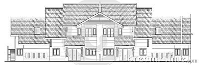 Single storey terrace house elevation in 2D black and white CAD drawing. Stock Photo