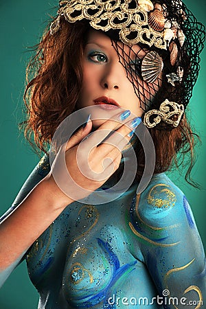 Model in Aqua bodypainting Stock Photo