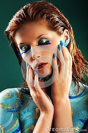 Model in Aqua bodypainting Stock Photo