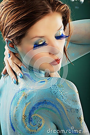 Model in Aqua bodypainting Stock Photo