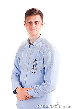 Model in blue shirt with glasses in pocket posing Stock Photo