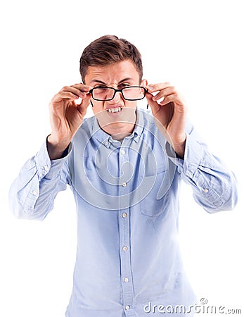 Model in blue shirt hold glasses Stock Photo